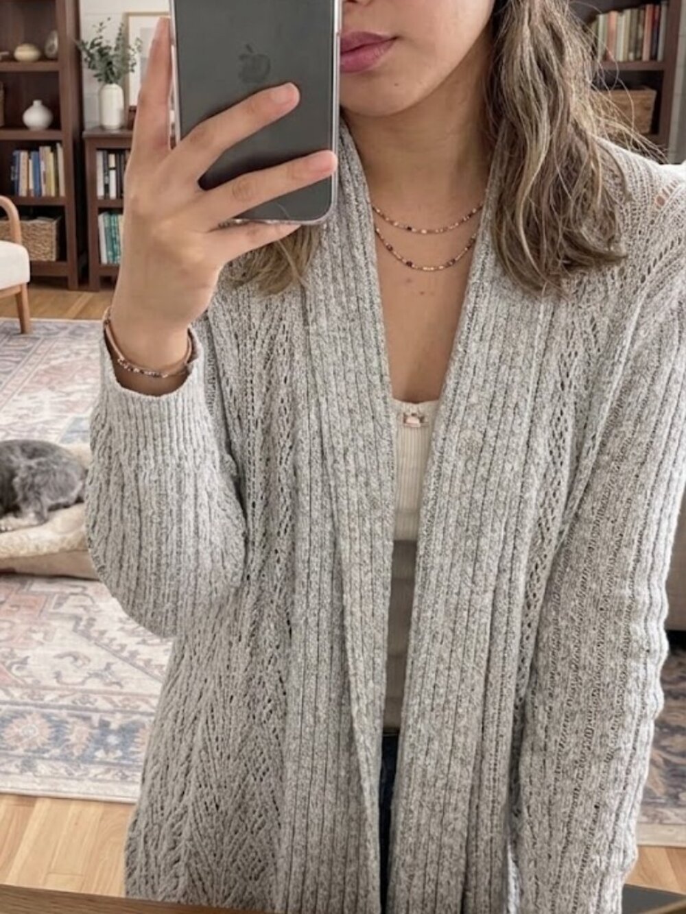 Oatmeal Grey Boho Open Front Pointelle Crochet Cardigan Sweater Women's Size S